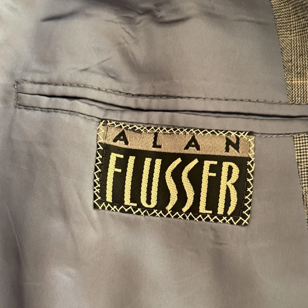 Vintage Alan Flusser Sport Coat Mens 44R Gray Glen Plaid Wool Tweed 80s Academia